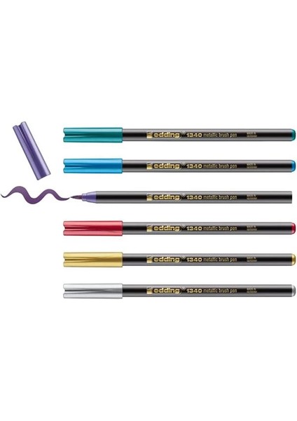 1340 Metalik Fırça Uçlu Keçeli Kalem, 6 Parlak Renkli Set, Esnek Fırça Ucu