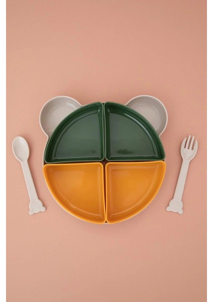 Tabldot Mama Tabağı Çıkarılabilir Kaseli -Tepsili 4 Bölmeli Çatal Kaşıklı Ayıcık Beslenme Kabı