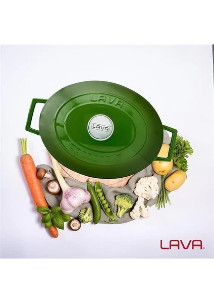 Metal Oval Döküm Tencere, 29 Cm, 4.67 L Hacim, Yeşil