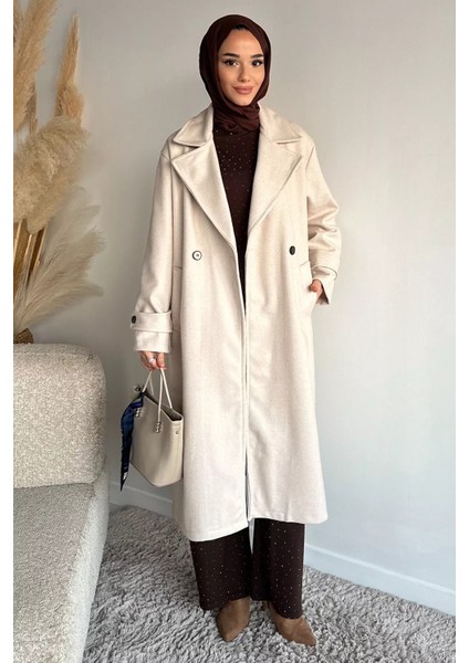 Kruvaze Yaka Çift Cepli Tesettür Kaşe Kaban P-00019463 fiyatları