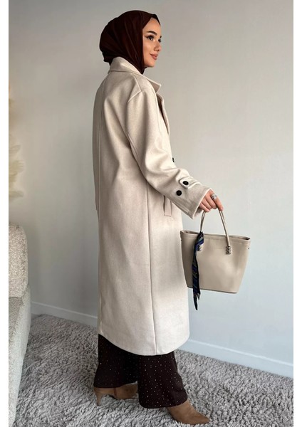 Kruvaze Yaka Çift Cepli Tesettür Kaşe Kaban P-00019463 fırsatları