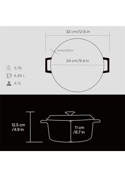 Metal Döküm Yuvarlak Tencere, 24 Cm, Siyah