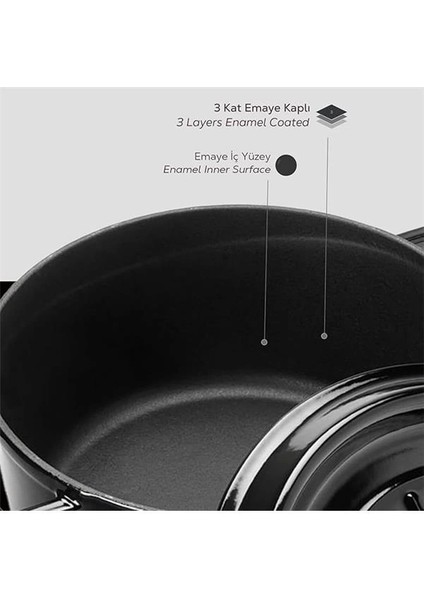Metal Döküm Yuvarlak Tencere, 24 Cm, Siyah