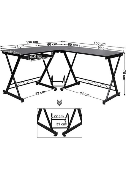 LCD402B Ev, Ofis Için Bilgisayar Masası, 150 x 138 x 75 Cm, Siyah modelleri