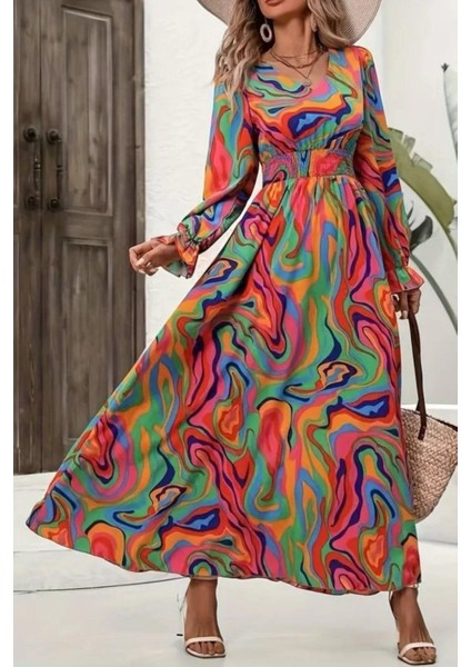 Uzun Kollu V Yaka Desenli Uzun Süprem Elbise - Desenli