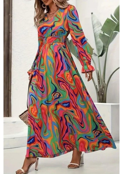 Uzun Kollu V Yaka Desenli Uzun Süprem Elbise - Desenli fiyatları