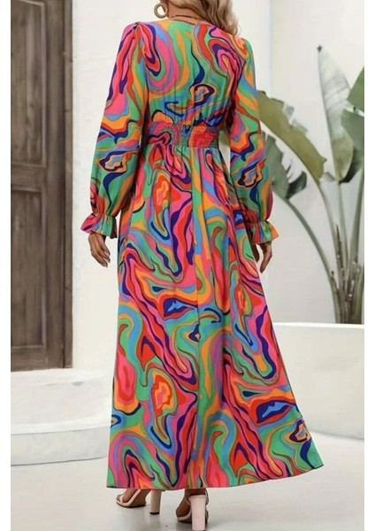 Uzun Kollu V Yaka Desenli Uzun Süprem Elbise - Desenli modelleri