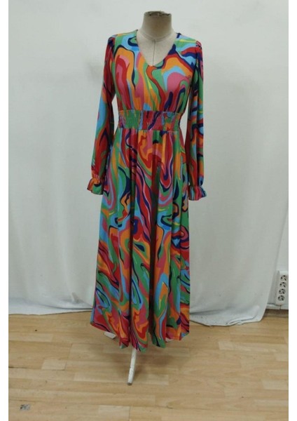 Uzun Kollu V Yaka Desenli Uzun Süprem Elbise - Desenli fırsatları