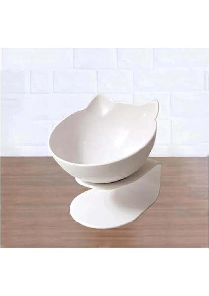 Standlı Kedi Kafalı Mama Kabı Beyaz Tekli
