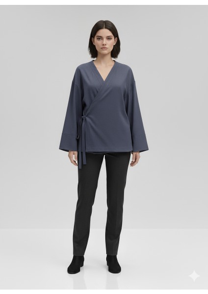 Kadın Kruvaze Viskon Kumaş Oversize Yandan Bağlamalı Kimono