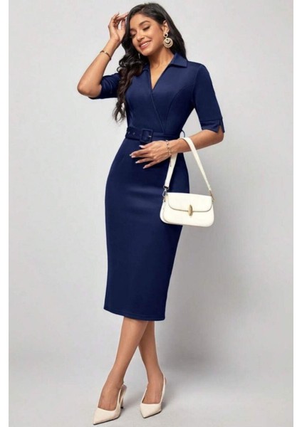 Kemerli V Yaka Midi Elbise - Lacivert