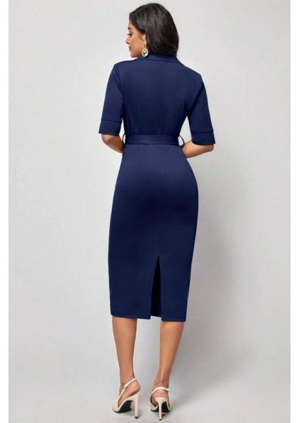 Kemerli V Yaka Midi Elbise - Lacivert modelleri