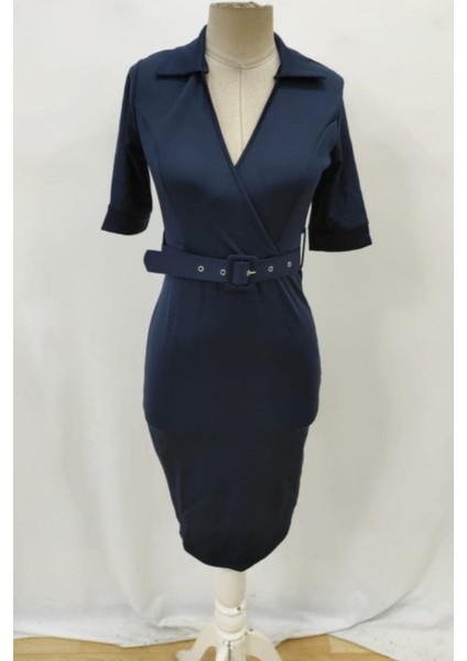 Kemerli V Yaka Midi Elbise - Lacivert fırsatları