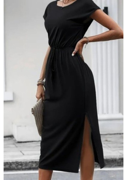 Kayık Yaka Bağlama Detaylı Midi Viskon Elbise - Siyah fiyatları