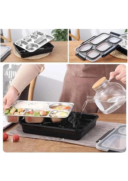 Vagonlife Bento 1600ML Lunchbox Tek Katlı 5 Bölmeli Çelik Sefer Tası Yemek Kutusu (Açık Yeşil)