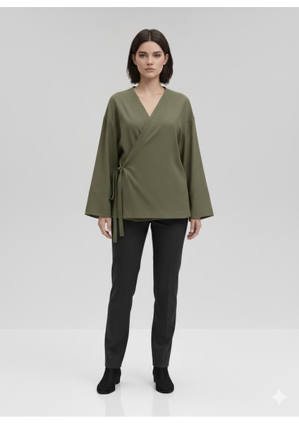 Kadın Kruvaze Viskon Kumaş Oversize Yandan Bağlamalı Kimono