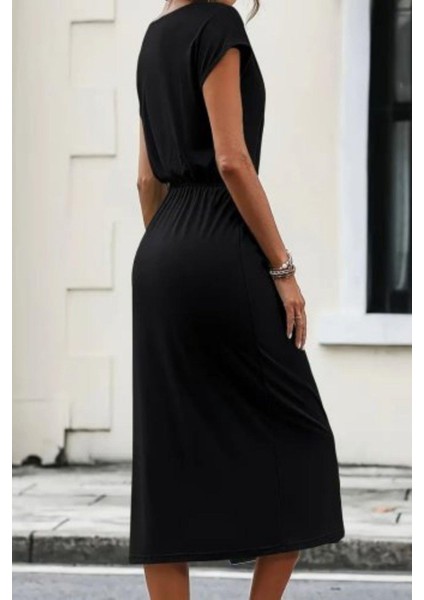 Kayık Yaka Bağlama Detaylı Midi Viskon Elbise - Siyah modelleri