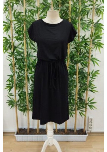 Kayık Yaka Bağlama Detaylı Midi Viskon Elbise - Siyah fırsatları