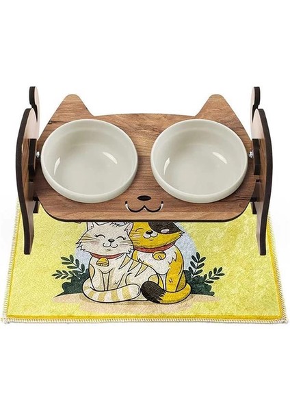 Ahşap Kedi Mama ve Su Kabı ile Kedi Köpek Paspası - Demonte Kedi Mama Su
