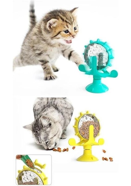 ® Vantuzlu Zilli Interaktif Dönebilen Mama Kaplı Renkli Değirmenli Eğlenceli Eğitici Kedi