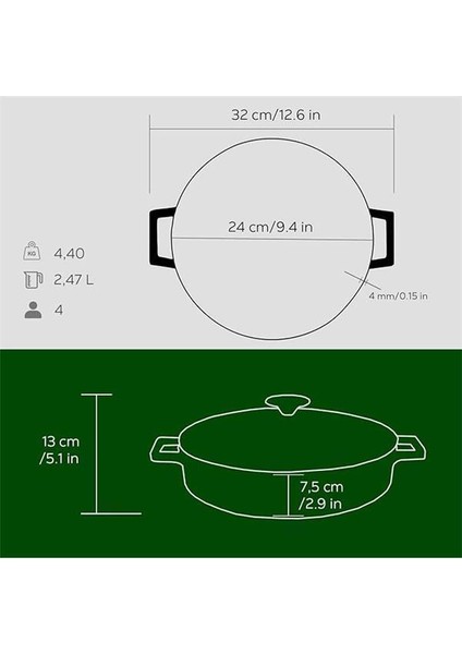 Metal Döküm Çok Amaçlı Yayvan Tencere, Trendy, 24 Cm, 2.47 L, Yeşil indirimleri