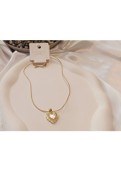Sedefli Kalp Figürlü 14 K Kaplama 45 cm Çelik Kolye
