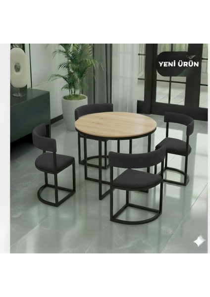 Melis Antrasit Metal 90 cm Çap Yuvarlak Yemek Masası Takımı 4 Kişilik Balkon Masası Mutfak Masası Takımı