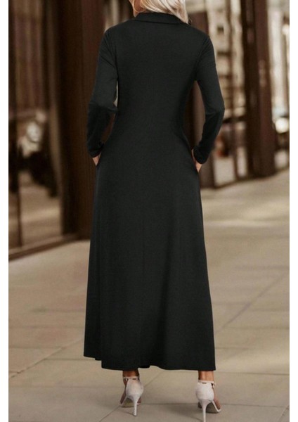 Polo Yaka Fermuar Detaylı Uzun Kollu Maxi Boy Elbise - Siyah fiyatları