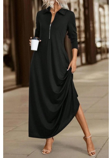 Polo Yaka Fermuar Detaylı Uzun Kollu Maxi Boy Elbise - Siyah modelleri