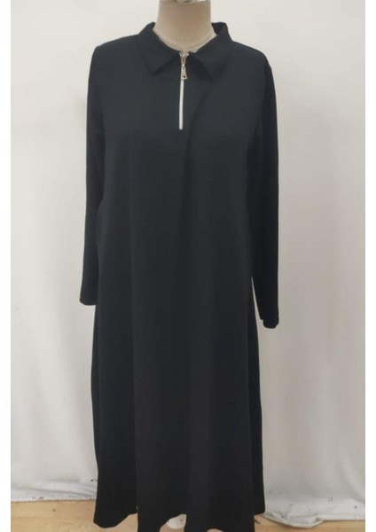 Polo Yaka Fermuar Detaylı Uzun Kollu Maxi Boy Elbise - Siyah fırsatları