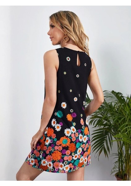 Kadın Sıfır Kollu Bisiklet Yaka Çiçek Desenli Süprem Mini Elbise indirimleri