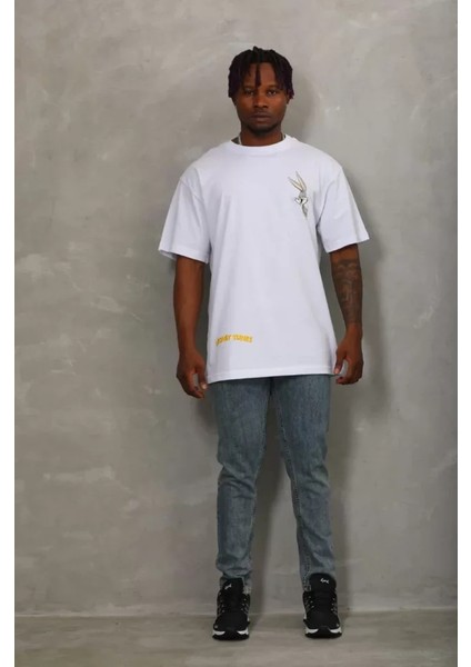 Unisex Oversize Baskılı Bisiklet Yaka T-Shirt - Beyaz modelleri