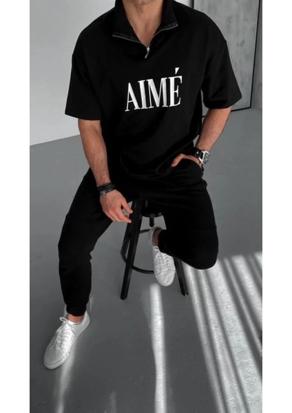 Unisex Yarım Fermuarlı Baskılı T-Shirt - Siyah fiyatları