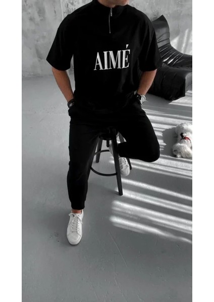 Unisex Yarım Fermuarlı Baskılı T-Shirt - Siyah modelleri