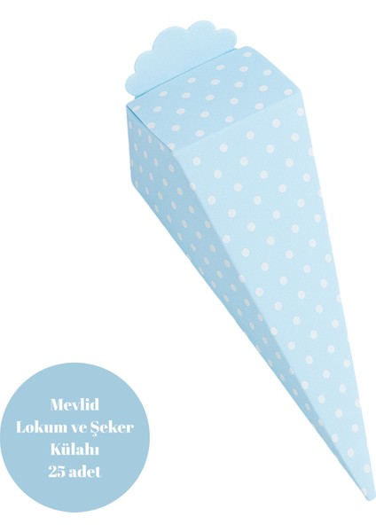 Açık Mavi Üzeri Beyaz Puanlı Lokum ve Şeker Külahı - Mevlit Külahı 25 Adet
