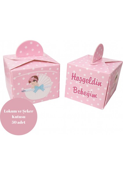 Pembe Hoşgeldin Bebeğim Temalı Lokum ve Şeker Kutusu 50 Adet
