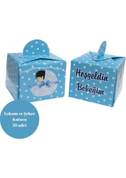 Mavi Hoşgeldin Bebeğim Temalı Lokum ve Şeker Kutusu 50 Adet
