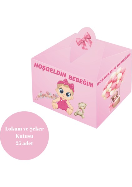 Hoşgeldin Bebeğim Temalı Pembe Renkli Lokum ve Şeker Kutusu 25 Adet