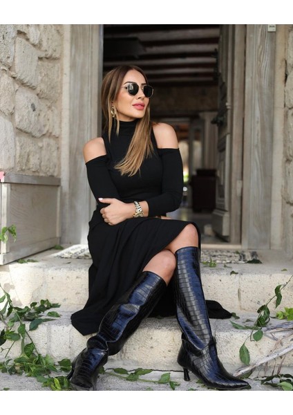 Kadın Balıkçı Yaka Omuzlardan Açık Uzun Kollu Janjan Krep Elbise fiyatları