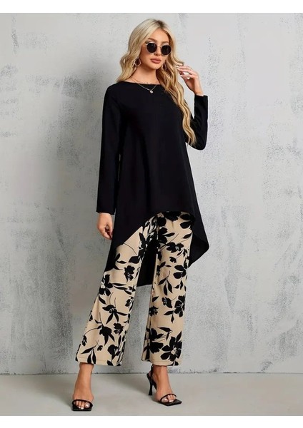 Kadın Uzun Kollu Bisiklet Yaka Asimetrik Kesim Detaylı Viskon Bluz ve Çiçek Desenli Iki Iplik Pa fırsatları