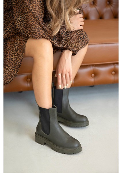 Helen Kadın Lastik Detay Hakiki Deri Postal Bot Haki