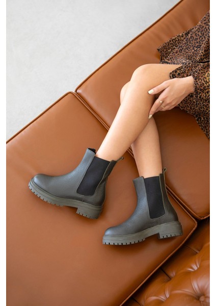 Helen Kadın Lastik Detay Hakiki Deri Postal Bot Haki fiyatları