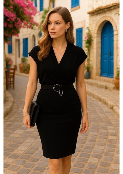 Kadın Kısa Kollu Kruvaze Yaka Krep Elbise (Kemersiz) indirimleri