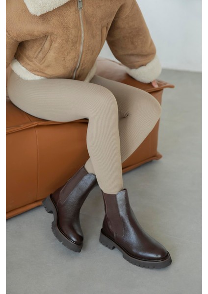 Matty Kadın Lastik Detay Hakiki Deri Postal Bot Kahve