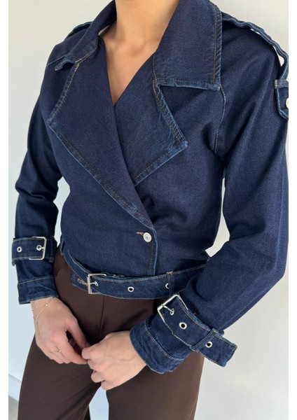Kadın Kruvaze Yaka Kemer Detaylı Jean Kot Ceket P-00019427