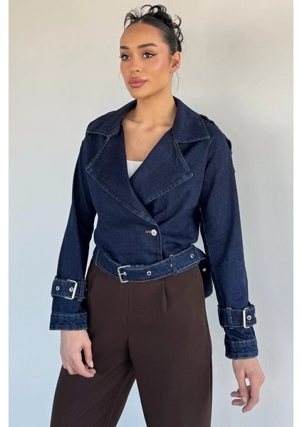 Kadın Kruvaze Yaka Kemer Detaylı Jean Kot Ceket P-00019427 fiyatları