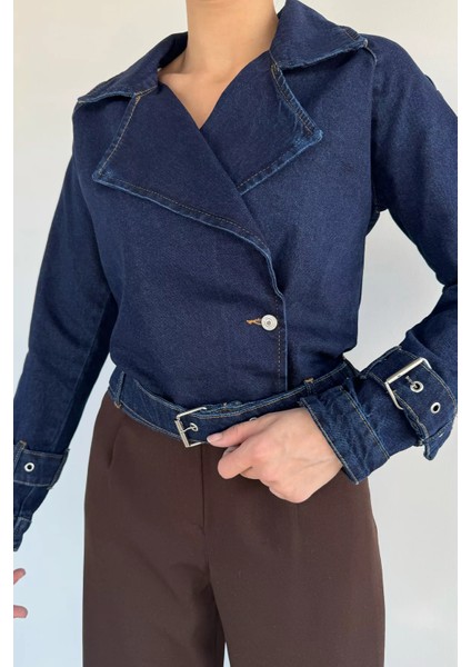 Kadın Kruvaze Yaka Kemer Detaylı Jean Kot Ceket P-00019427 modelleri