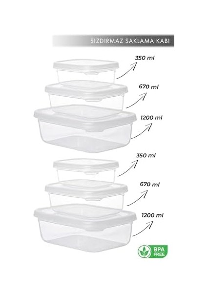 Un 6 Lı Set Nare Dikdörtgen Sızdırmaz Hava Almaz Erzak Saklama Kabı Şeffaf