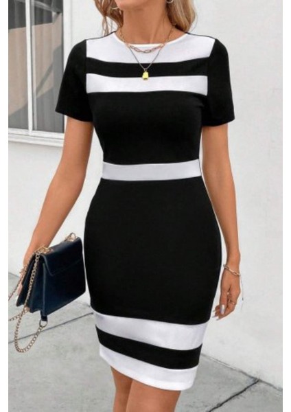 Kısa Kollu Blok Desen Mini Krep Elbise Siyah