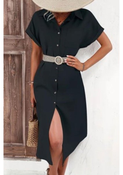 Gömlek Yaka Düğmeli Kısa Kollu Midi Elbise - Siyah